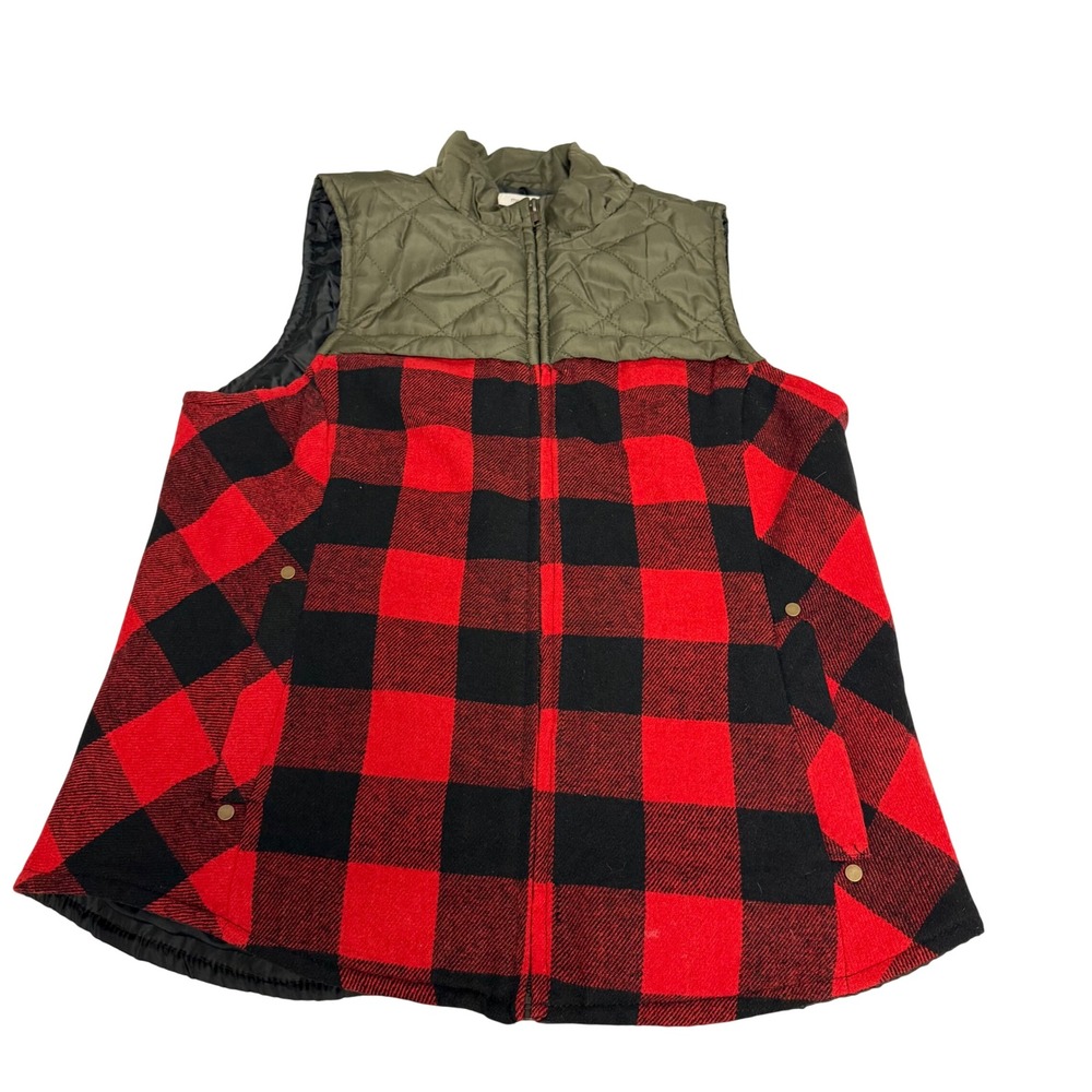 Maurices Womens Red Black Buffalo Plaid Quilted Yoke Zip Up Vest Large Rustic